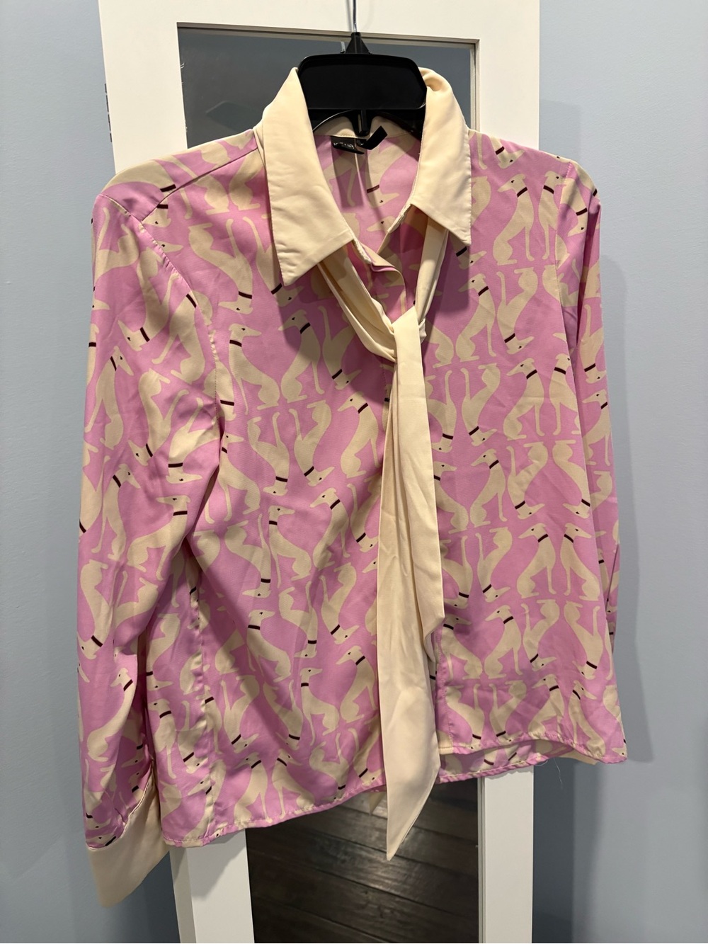 Silk Pink and Cream Dog Print Tie-Neck Blouse